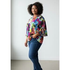 Ali Miles Abstract Print Colorful Blouse Top Women's 3X Flare Sleeve Artsy